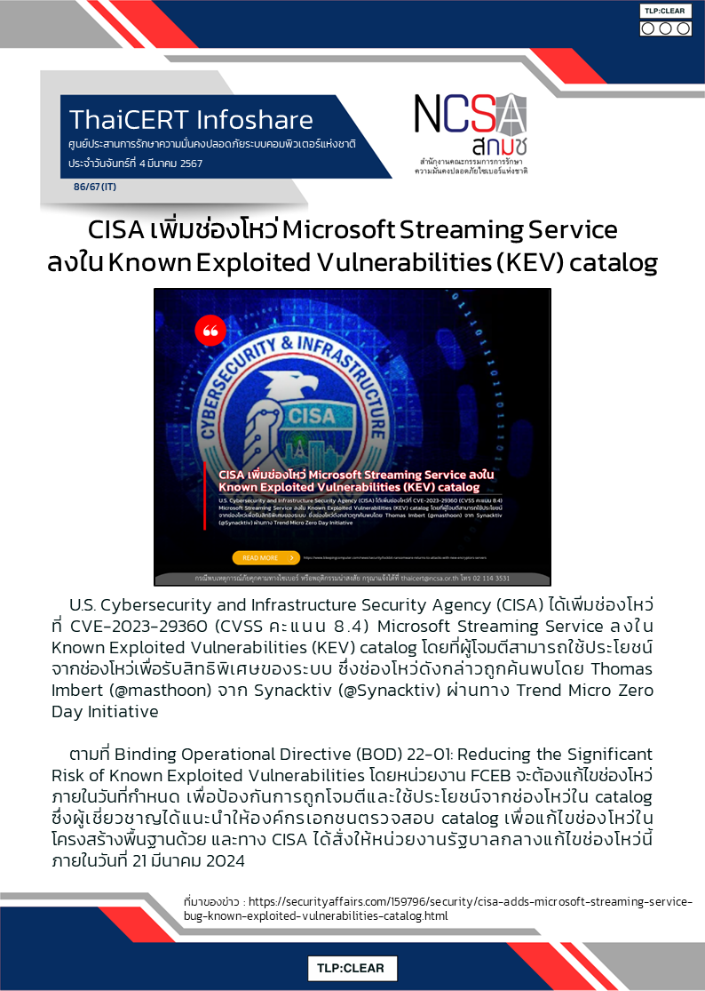 CISA เพิ่มช่องโหว่ Microsoft Streaming Service ลงใน Known Exploited Vulnerabilities (.png