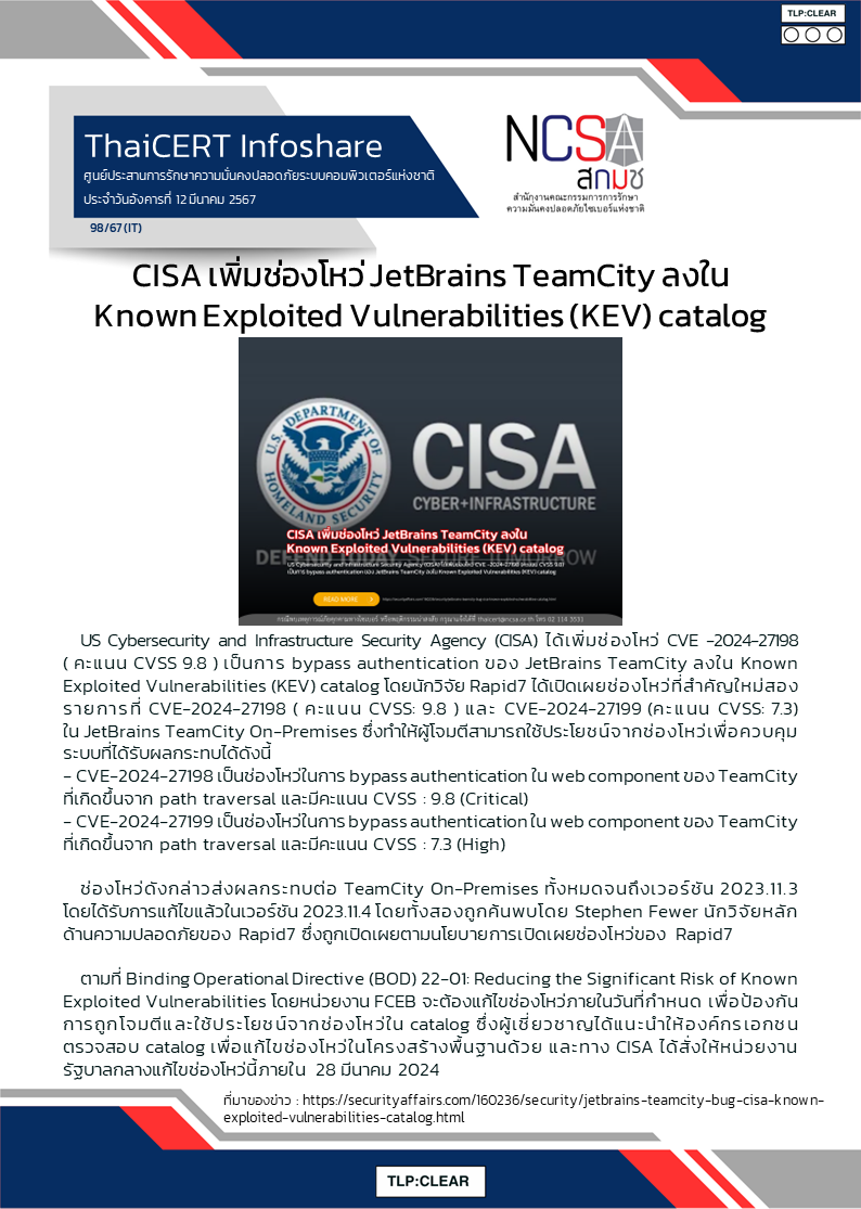 CISA เพิ่มช่องโหว่ JetBrains TeamCity ลงใน Known Exploited Vulnerabilities (KEV) cata.png