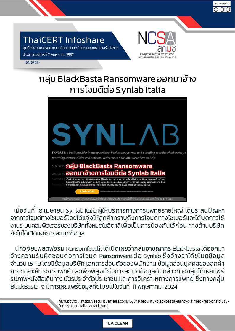 กลุ่ม BlackBasta Ransomware ออกมาอ้างการโจมตีต่อ Synlab Italia.png