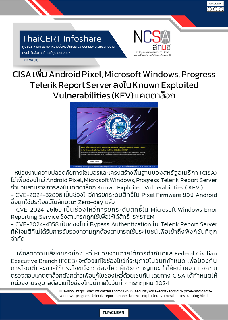 CISA เพิ่ม Android Pixel, Microsoft Windows, Progress Telerik Report Server ลงใน Known Exploited Vuln.png
