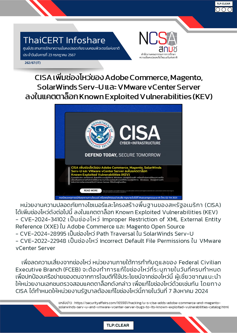 CISA เพิ่มช่องโหว่ของ Adobe Commerce, Magento, SolarWinds Serv-U และ VMware vCent.png