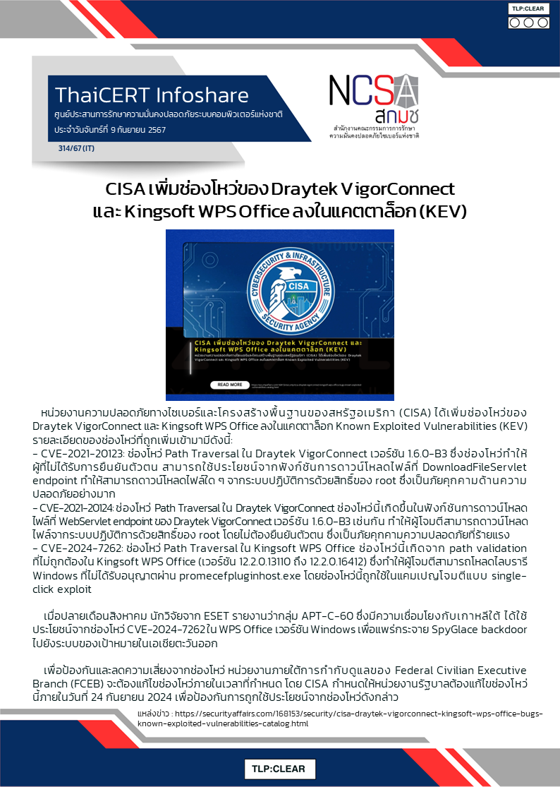 CISA เพิ่มช่องโหว่ของ Draytek VigorConnect และ Kingsoft WPS Office ลงใน.png