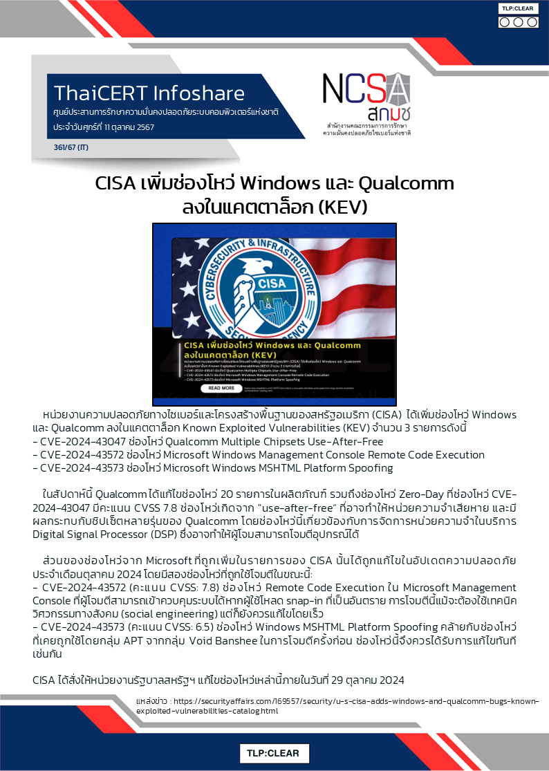 CISA เพิ่มช่องโหว่ Windows และ Qualcomm ลงในแคตตาล็อก (KEV).png