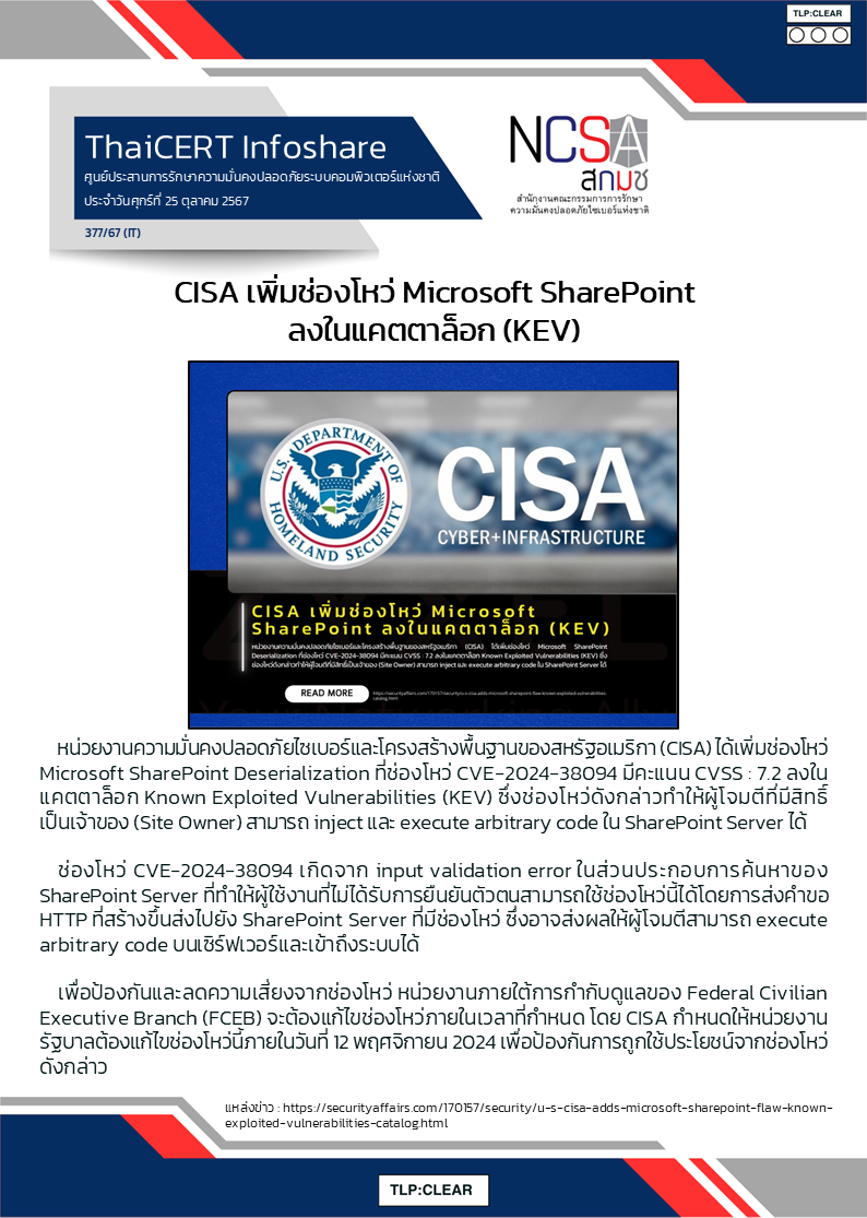 CISA เพิ่มช่องโหว่ Microsoft SharePoint ลงในแคตตาล็อก (KEV).png