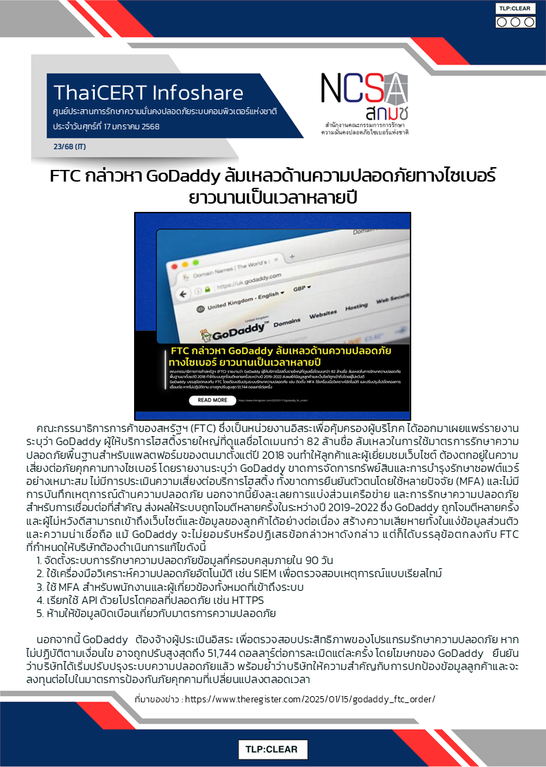 FTC กล่าวหา GoDaddy ล้มเหลวด้านความปลอดภัยทางไซเ.png