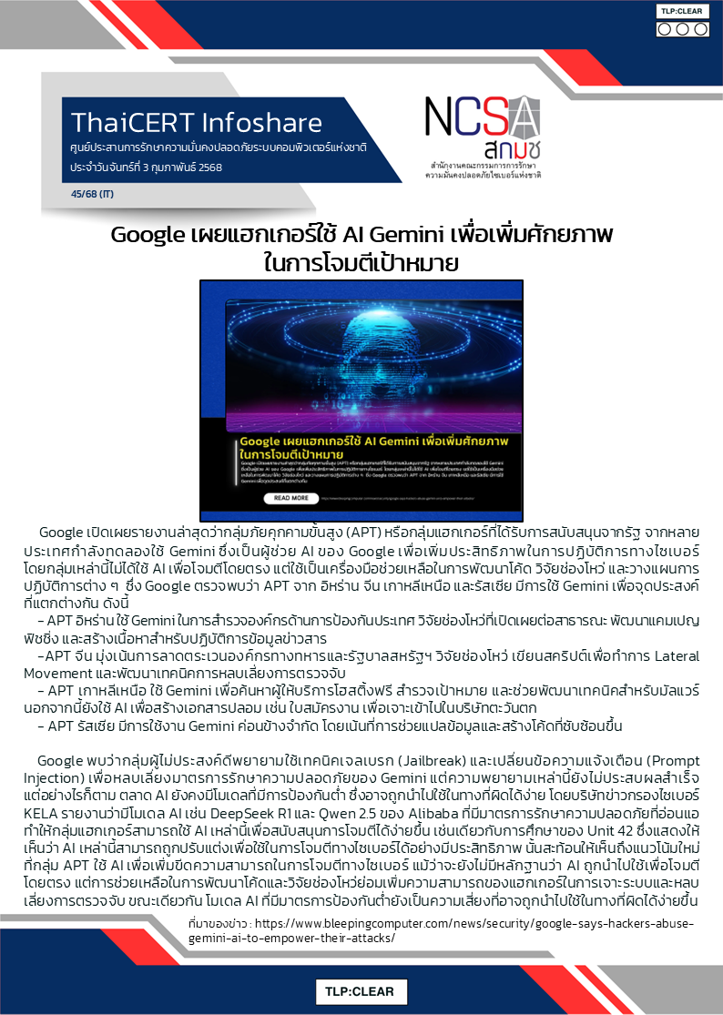 Google เผยแฮกเกอร์ใช้ AI Gemini เพื่อเพิ่มศักยภาพใน.png