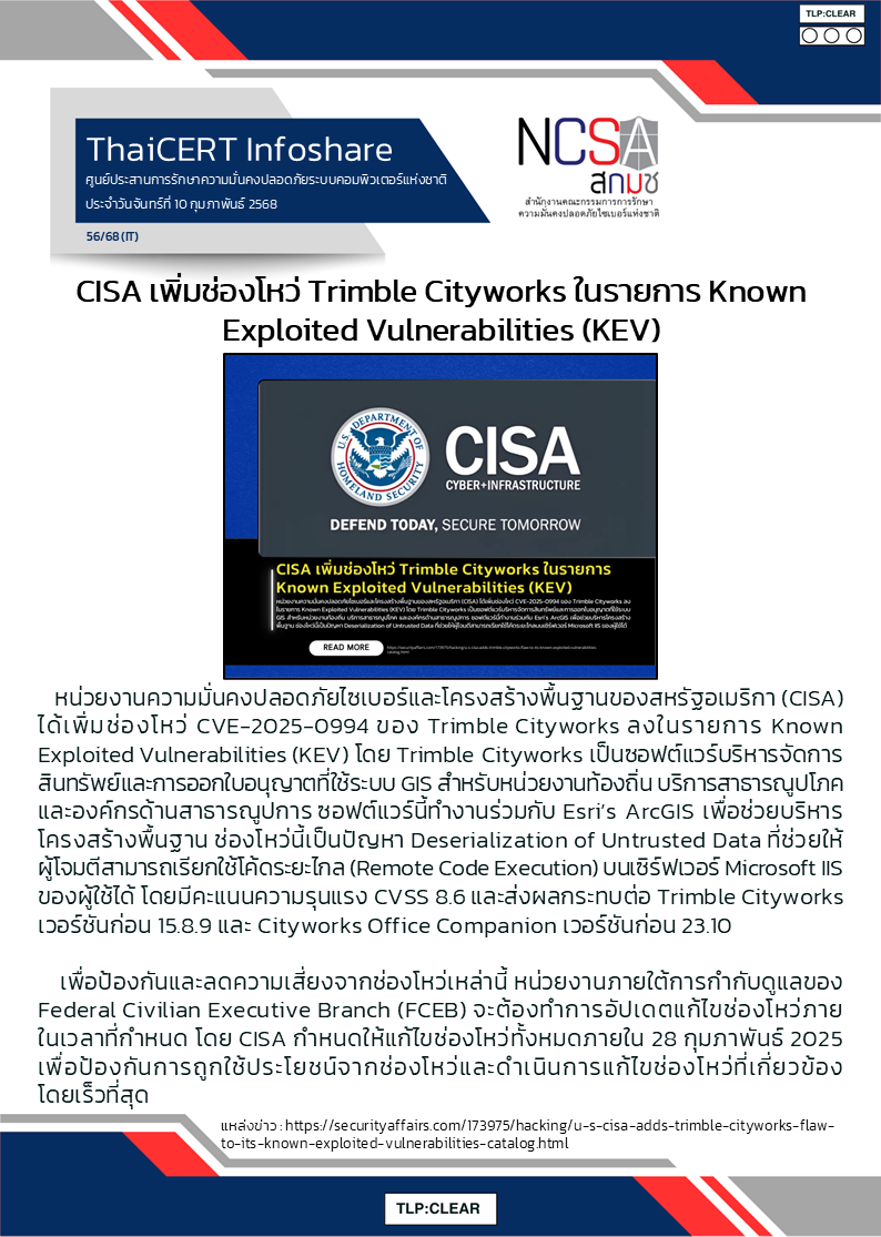 CISA เพิ่มช่องโหว่ Trimble Cityworks ในรายการ Known Exploited Vulnerabilities.png