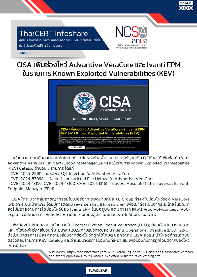 CISA เพิ่มช่องโหว่ Advantive VeraCore และ Ivanti EPM ในรายการ Known Exp.png