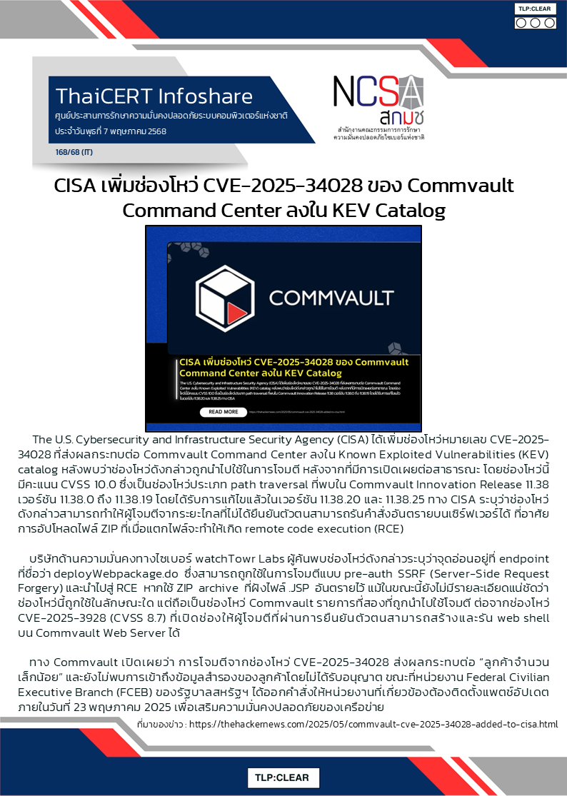 CISA เพิ่มช่องโหว่ CVE-2025-34028 ของ Commvault Command Center ลงใน KEV Catalog.png