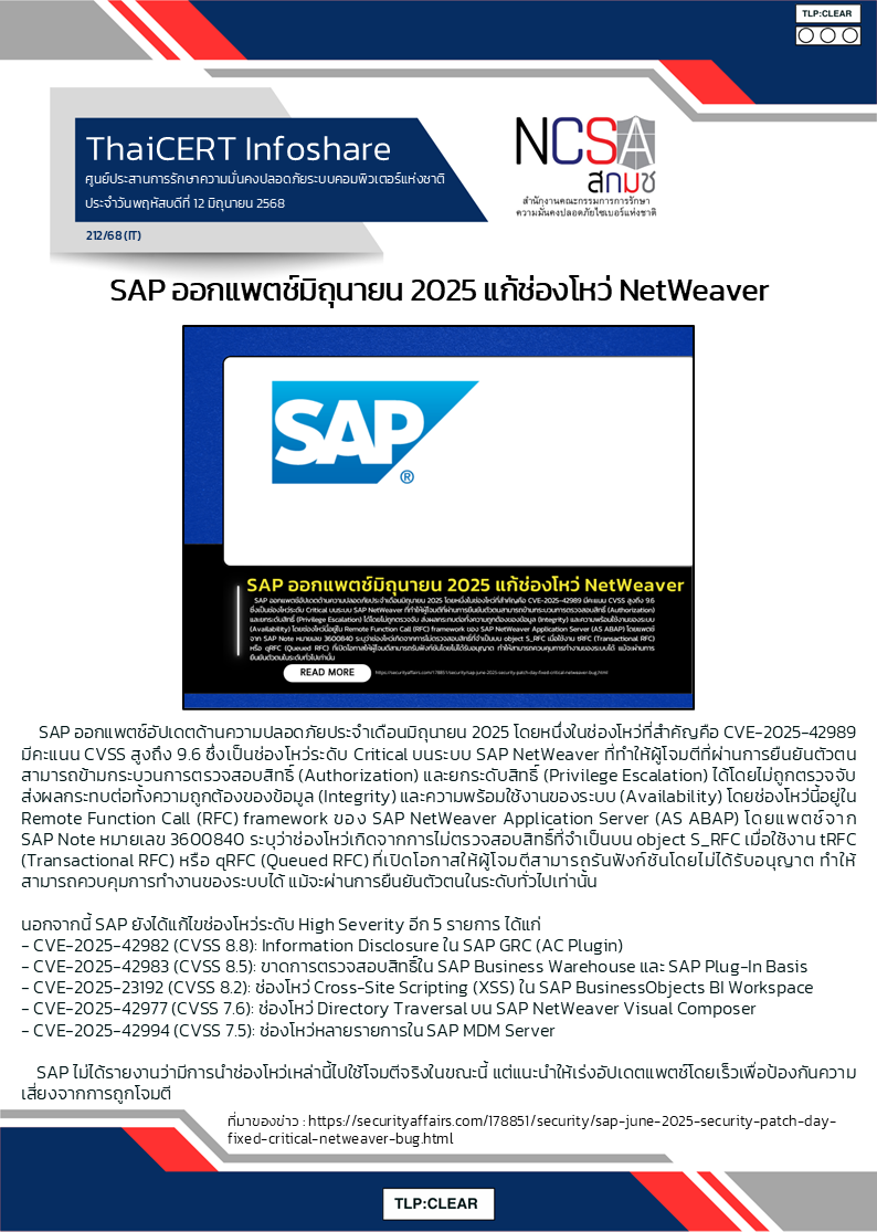 SAP ออกแพตช์มิถุนายน 2025 แก้ช่องโหว่ NetWeaver.png