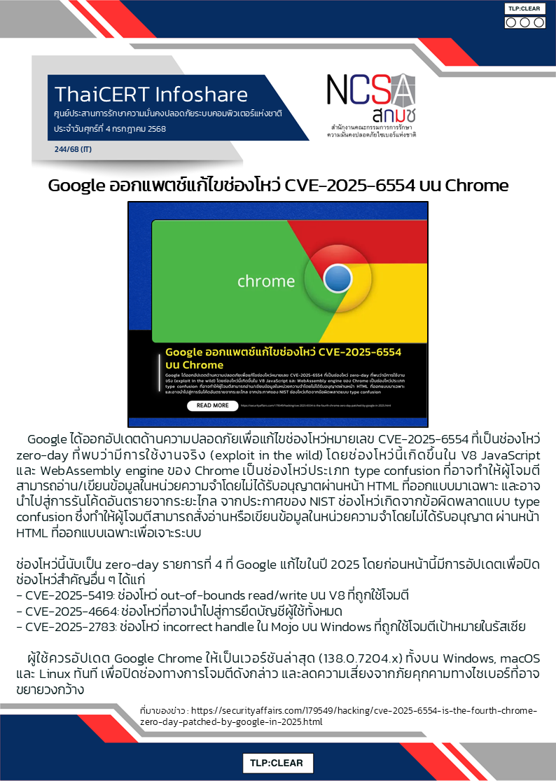 Google ออกแพตช์แก้ไขช่องโหว่ CVE-2025-6554 บน Chrome.png