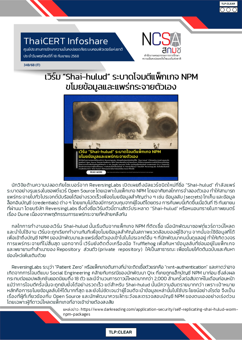 เวิร์ม “Shai-hulud” ระบาดโจมตีแพ็กเกจ NPM ขโมยข้อมู.png