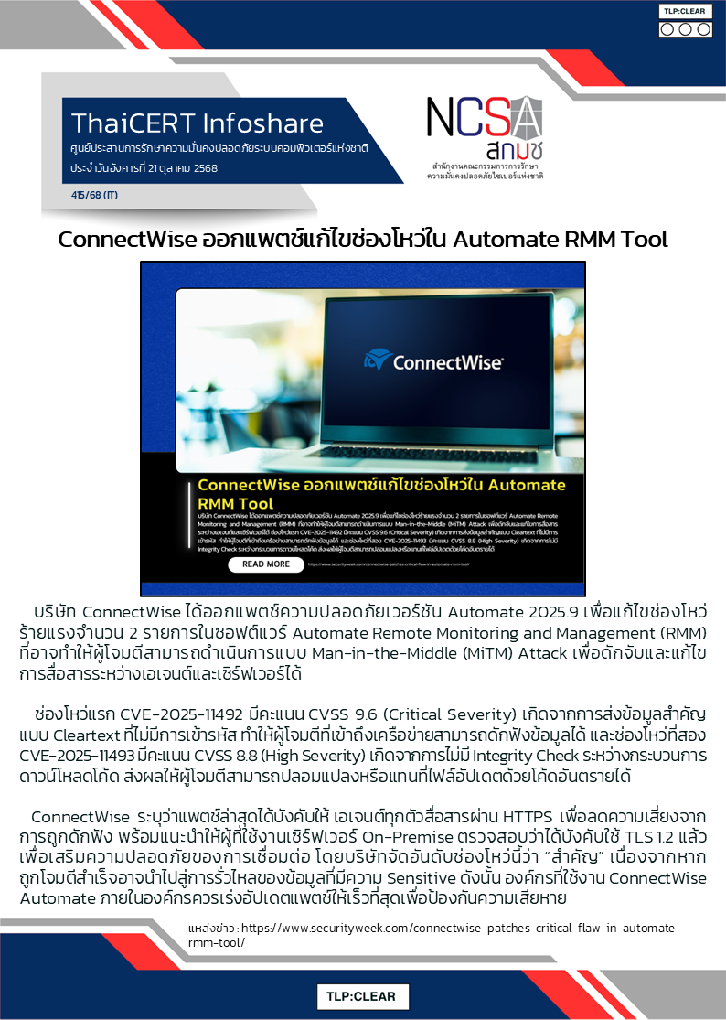 ConnectWise ออกแพตช์แก้ไขช่องโหว่ใน Automate RMM Tool.png