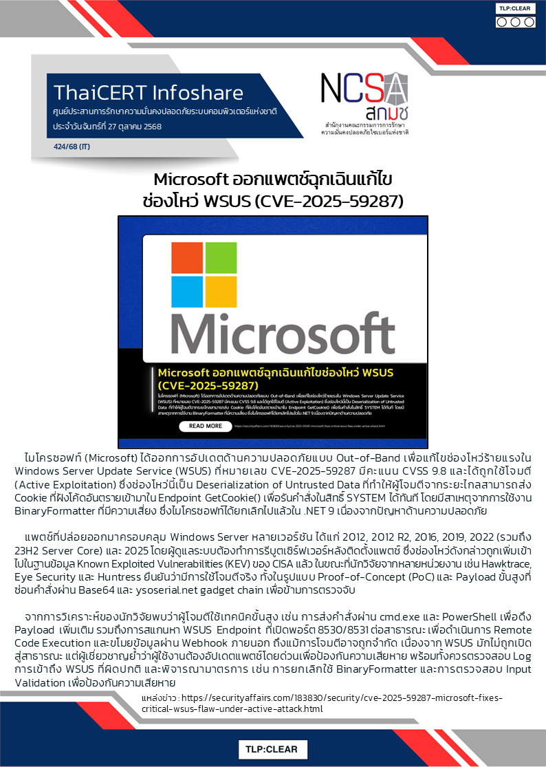 Microsoft ออกแพตช์ฉุกเฉินแก้ไขช่องโหว่ WSUS (CVE-2025-59287).png