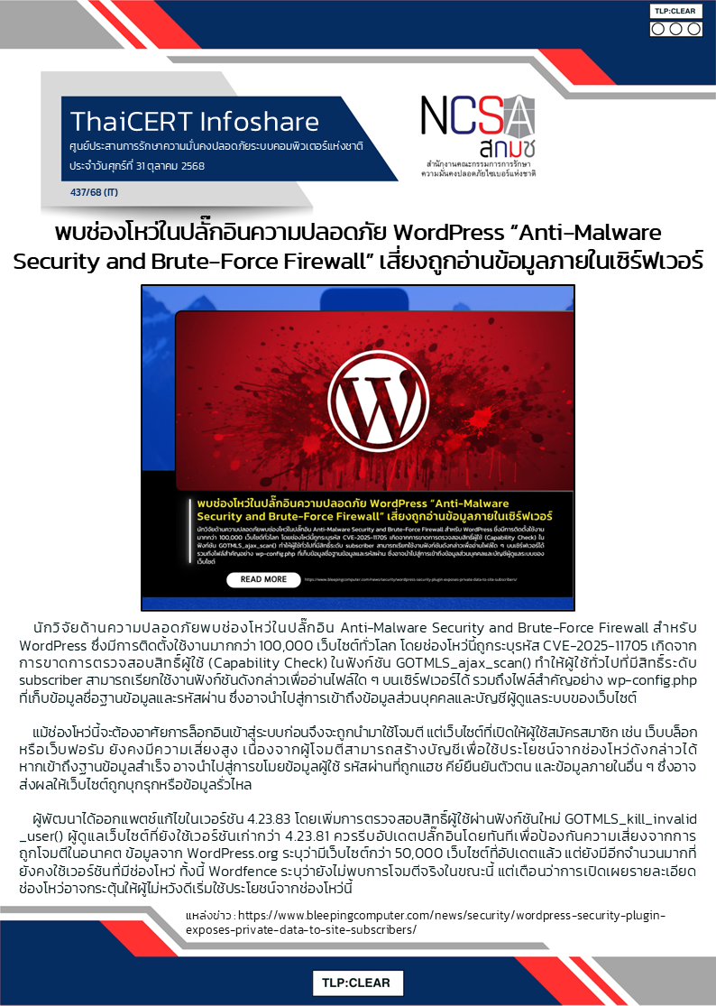 พบช่องโหว่ในปลั๊กอินความปลอดภัย WordPress Anti-Malware Se.png