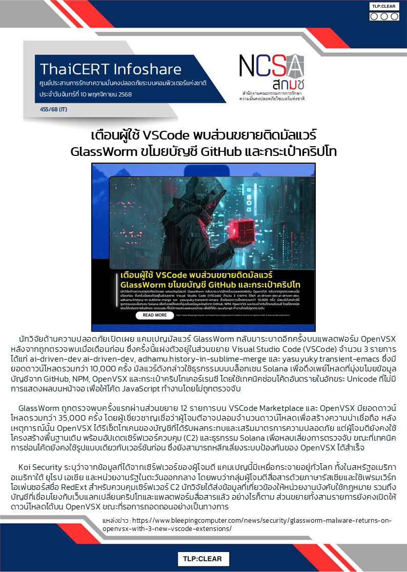 เตือนผู้ใช้ VSCode พบส่วนขยายติดมัลแวร์ GlassWorm ขโ.png