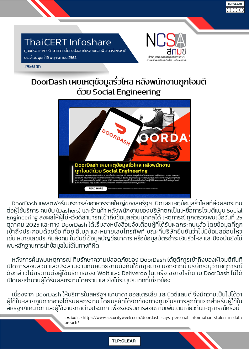 DoorDash เผยเหตุข้อมูลรั่วไหล หลังพนักงานถูกโจ.png