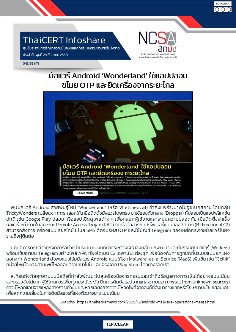 มัลแวร์ Android ‘Wonderland’ ใช้แอปปลอม ขโมย OTP และยึดเค.png