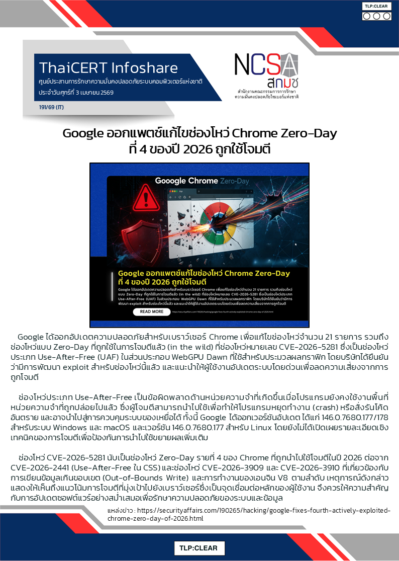Google ออกแพตช์แก้ไขช่องโหว่ Chrome Zero-Day ที่ 4 ของปี 2026.png