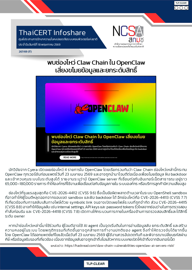 พบช่องโหว่ Claw Chain ใน OpenClaw เสี่ยงขโมยข้อมูลและย.png