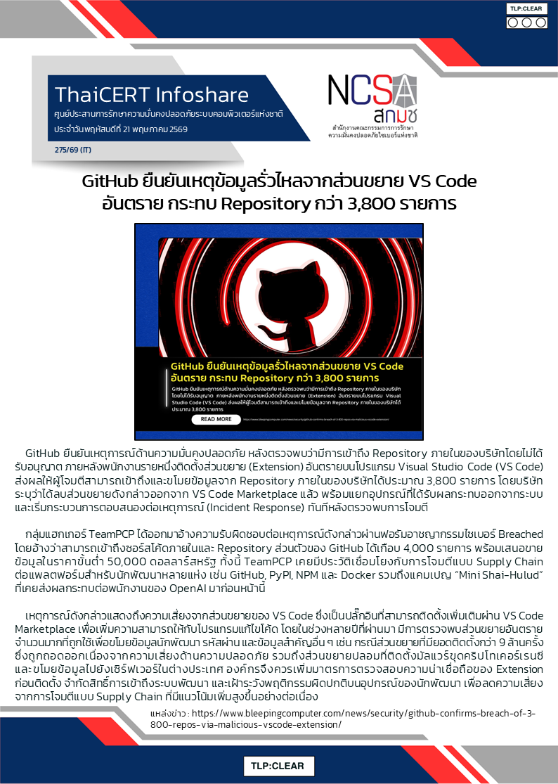 GitHub ยืนยันเหตุข้อมูลรั่วไหลจากส่วนขยาย VS Code .png