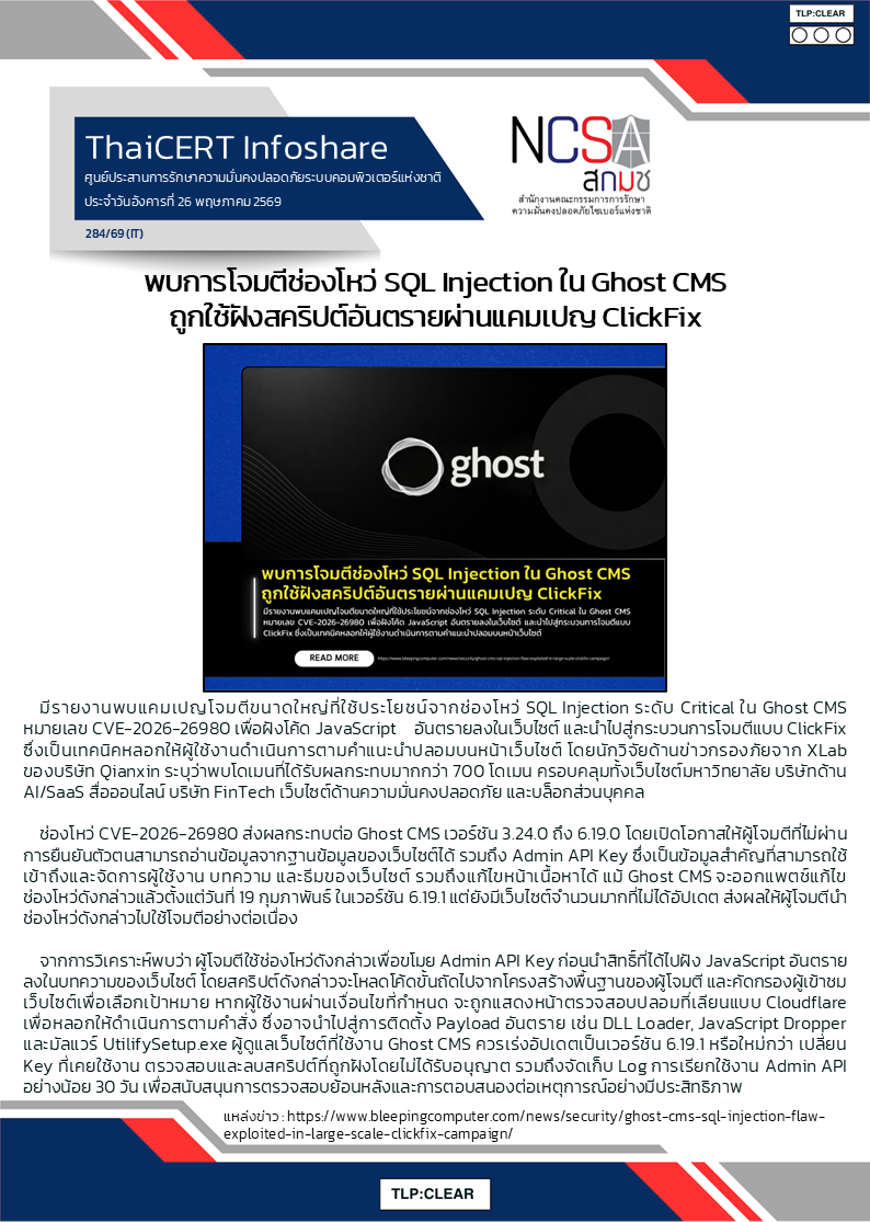 พบการโจมตีช่องโหว่ SQL Injection ใน Ghost CMS ถูกใช้ฝังสคริปต์อันตรายผ่านแคมเปญ ClickFix.png