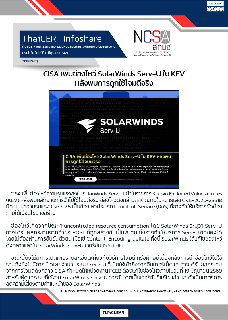 CISA เพิ่มช่องโหว่ SolarWinds Serv-U ใน KEV หลังพบการถูกใช้.png