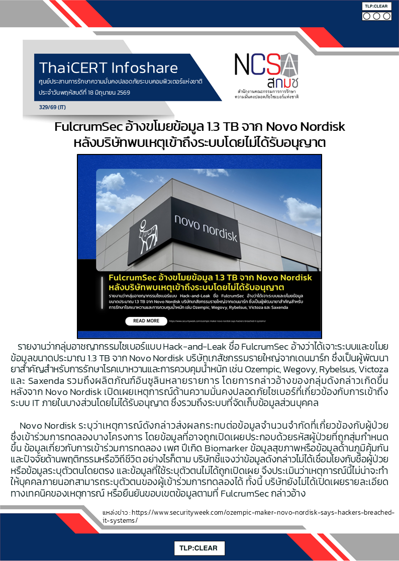 FulcrumSec อ้างขโมยข้อมูล 1.3 TB จาก Novo Nordisk หลังบริษัทพ.png