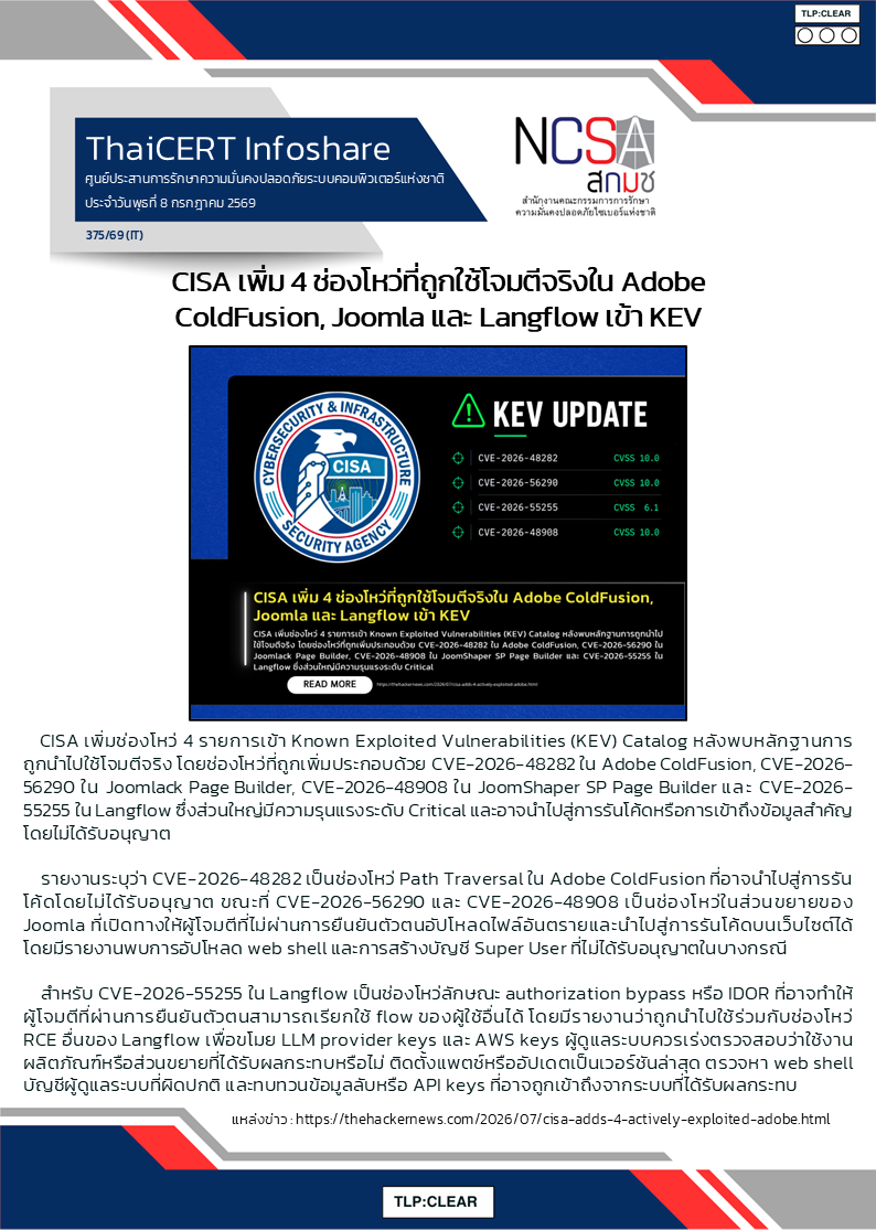 CISA เพิ่ม 4 ช่องโหว่ที่ถูกใช้โจมตีจริงใน Adobe ColdF.png