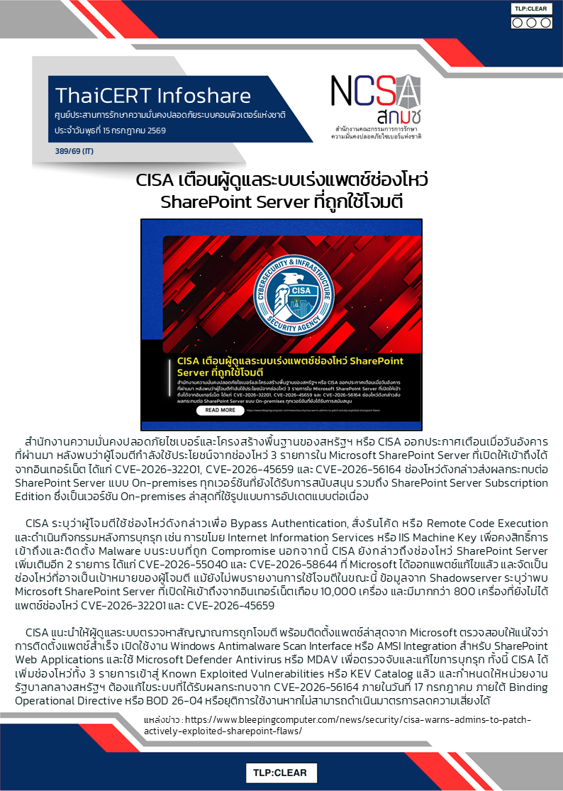 CISA เตือนผู้ดูแลระบบเร่งแพตช์ช่องโหว่ SharePoint Ser.png
