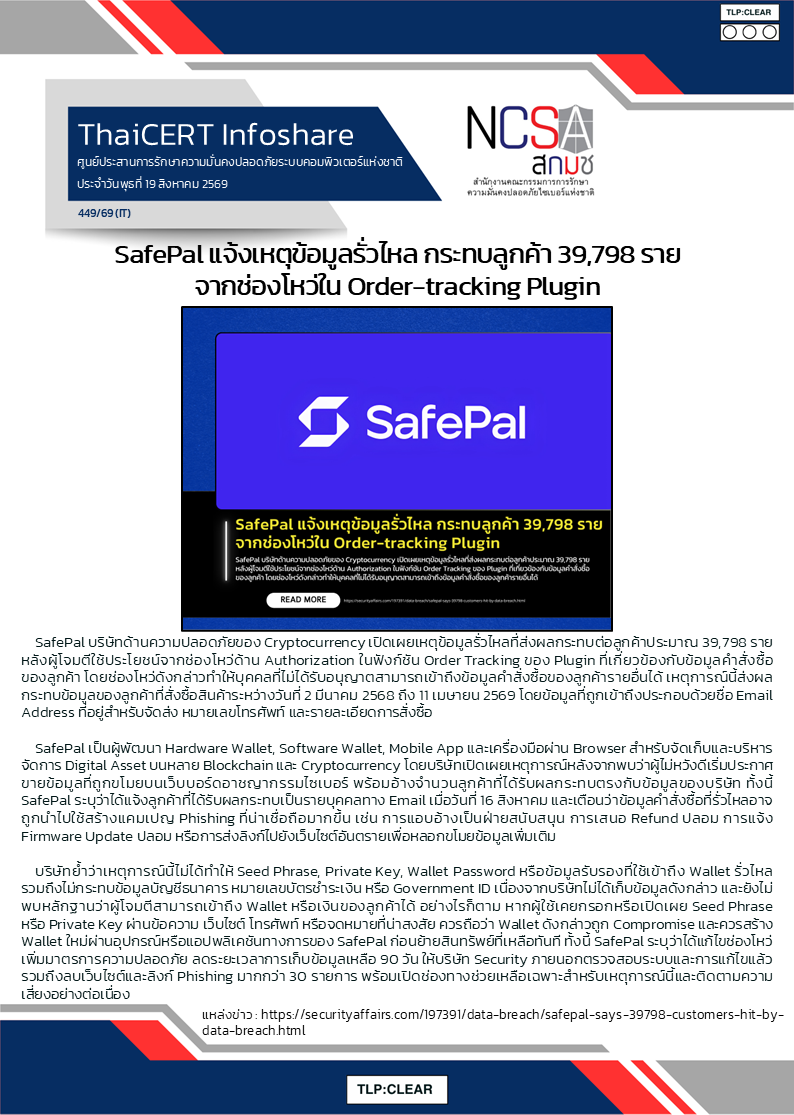 SafePal แจ้งเหตุข้อมูลรั่วไหล กระทบลูกค้า 39,798 รา.png