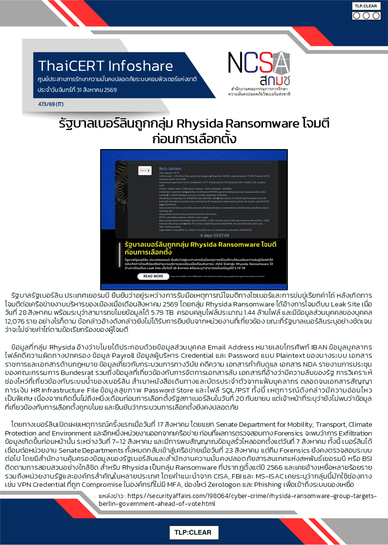 รัฐบาลเบอร์ลินถูกกลุ่ม Rhysida Ransomware โจมตี ก่อนก.png