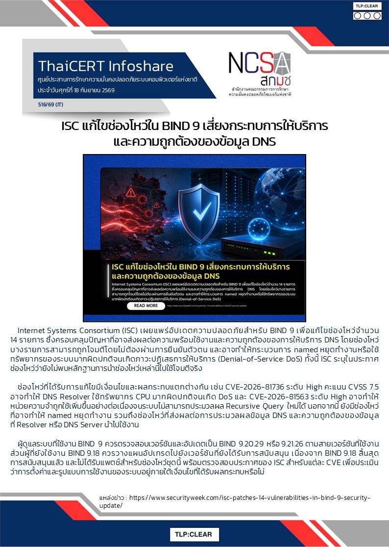 ISC แก้ไขช่องโหว่ใน BIND 9 เสี่ยงกระทบการให้บริ.jpg