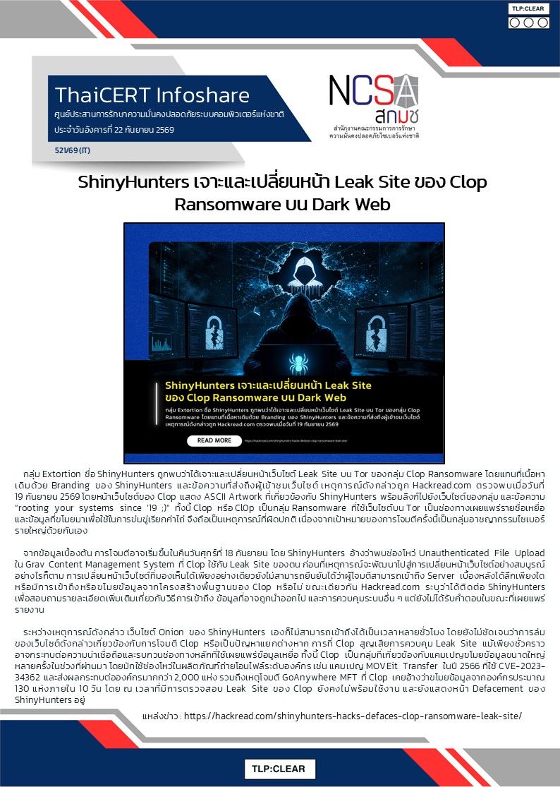 ShinyHunters เจาะและเปลี่ยนหน้า Leak Site ของ Clop Ransomware บน Dark Web.jpg